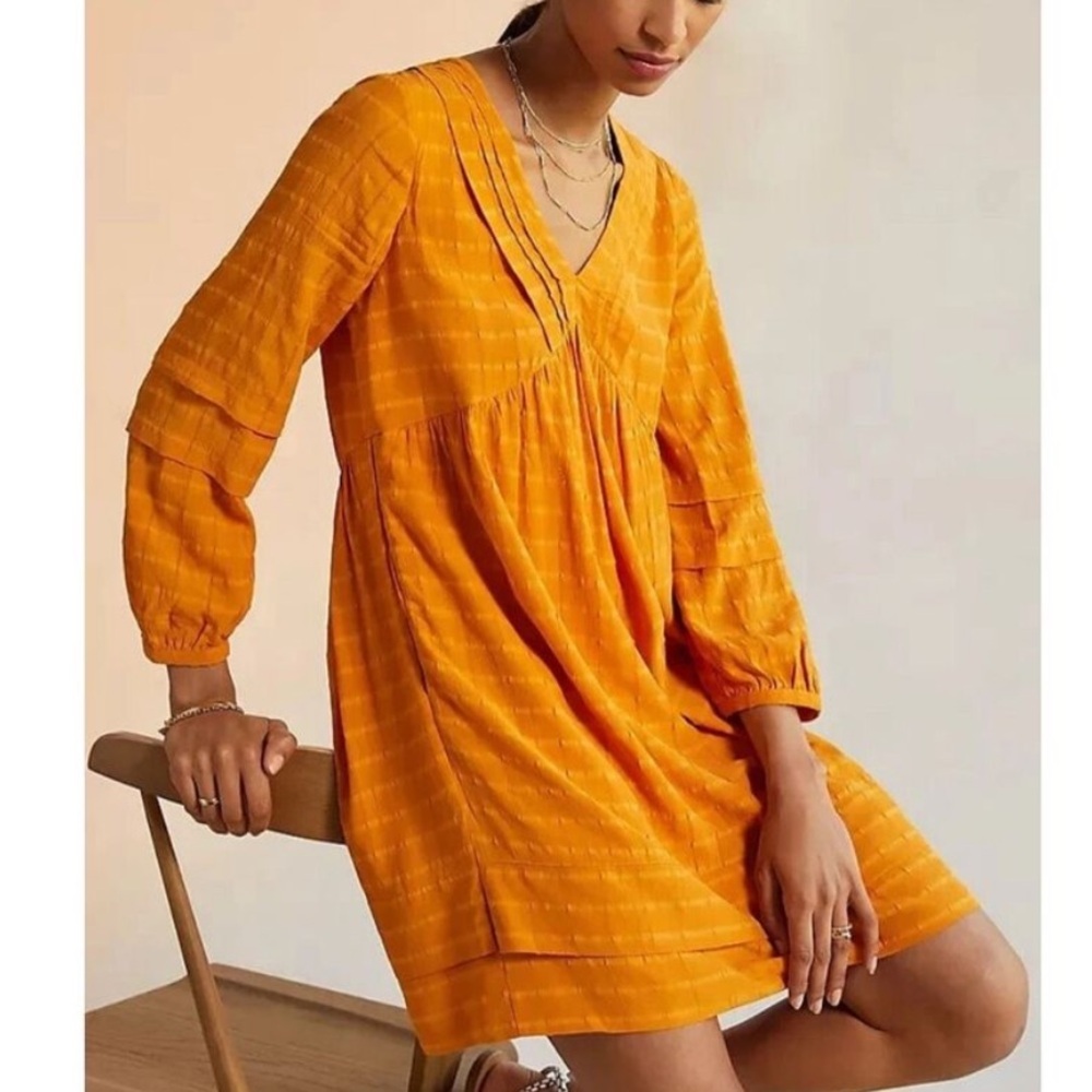 Anthropologie Maeve Pintucked Collar Mini Dress Women’s Size XS Gold Orange
